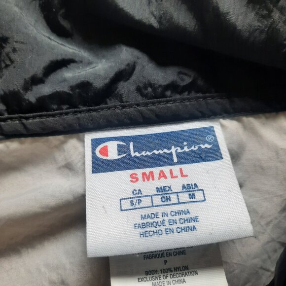 VTG Champion Windbreaker Black White 90s Y2k Hooded Pullover Kangaroo pocket - Picture 4 of 9